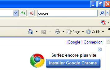 Google propose Chrome aux Internautes utilisant I.E